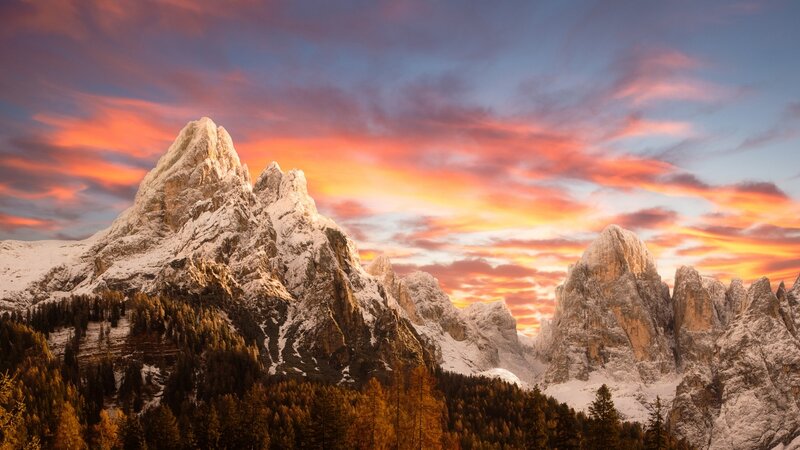 Snow-covered Mountain Peaks — Orange, Dramatic, Sunset, Photograph