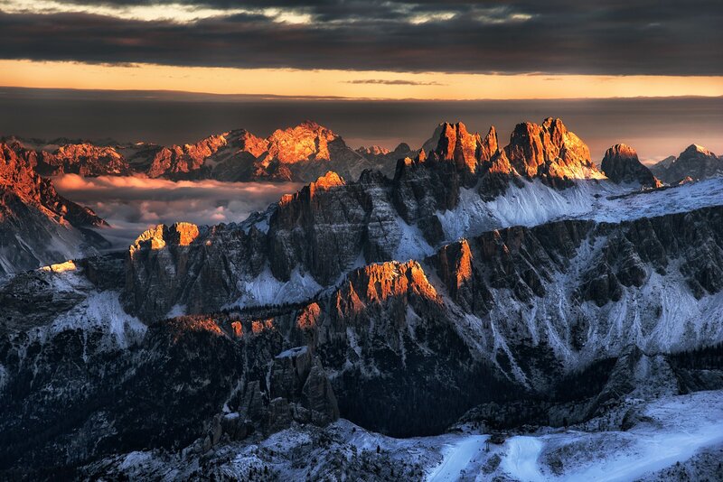 Snow-covered Mountain Peaks — Orange, Dramatic, Sunset