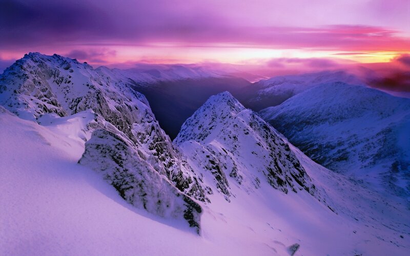 Snow-covered Mountain Peaks — Purple, Dramatic, Sunset, Photograph, Mountains, Sky