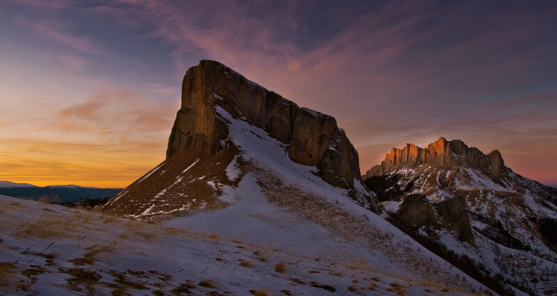 Snow-covered Mountain Peaks — Purple, Dramatic, Sunset, Photograph, Mountains