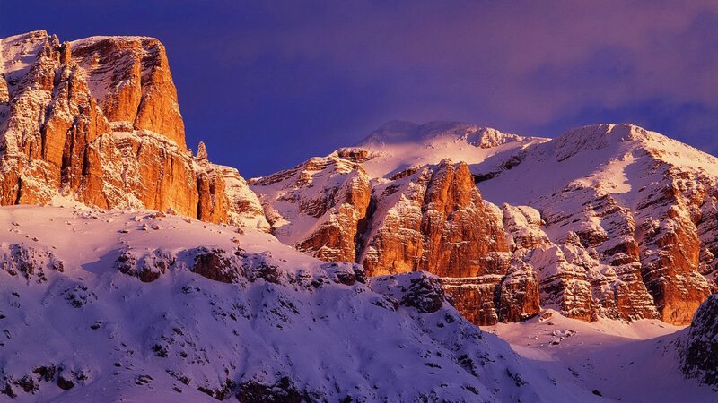 Snow-covered Mountain Peaks — Purple, Dramatic, Sunset, Photograph