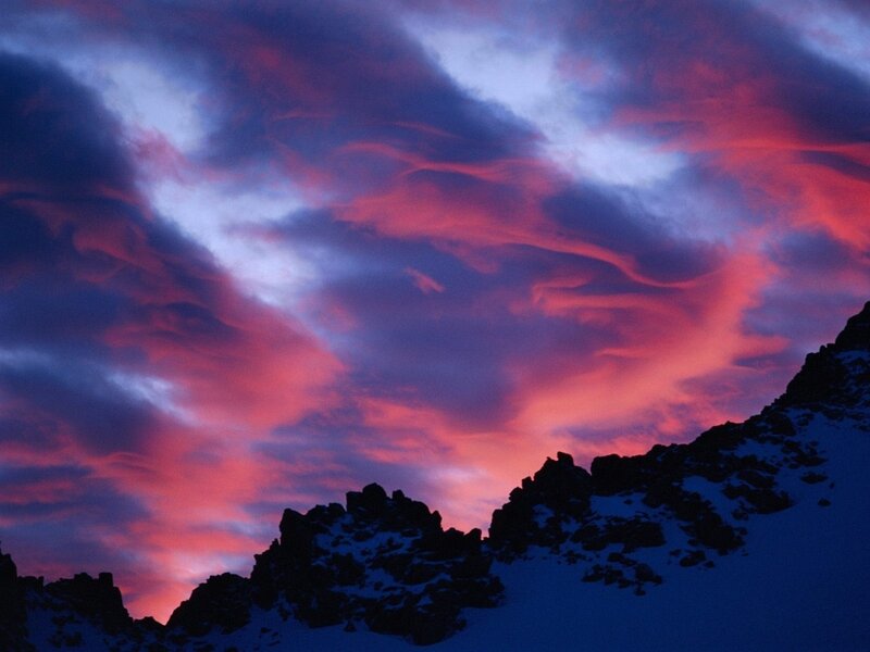 Snow-covered Mountain Peaks — Red, Dramatic, Sunset, Photograph, Clouds, Sky, Purple