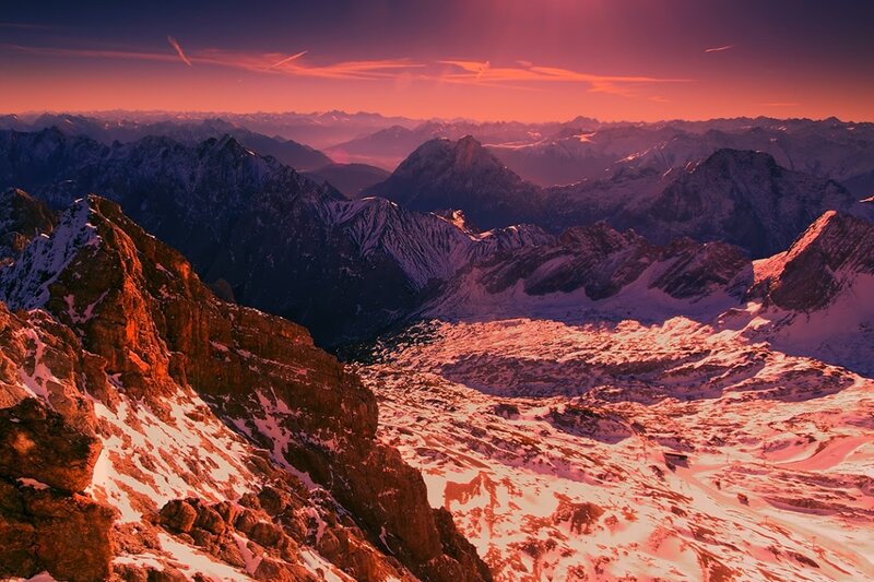 Snow-covered Mountain Peaks — Red, Dramatic, Sunset, Photograph, Mountains
