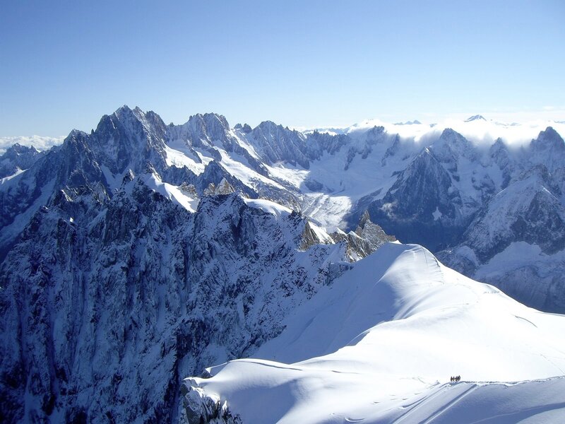 Snow-covered Mountain Peaks — White, Dramatic, Afternoon, Photograph, Mountains, Snow, Clouds, Hikers