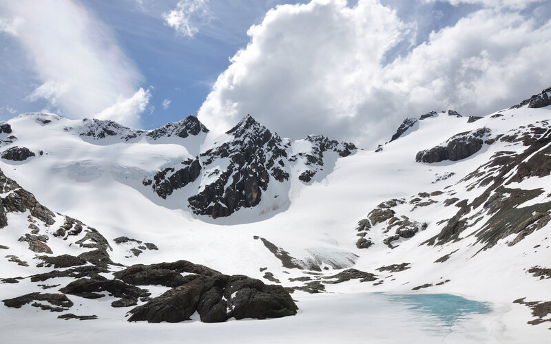 Snow-covered Mountain Peaks — White, Dramatic, Afternoon, Photograph, Mountains, Snow, Clouds, Lake