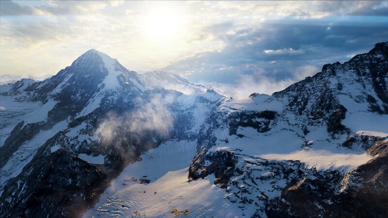 Snow-covered Mountain Peaks — White, Dramatic, Morning