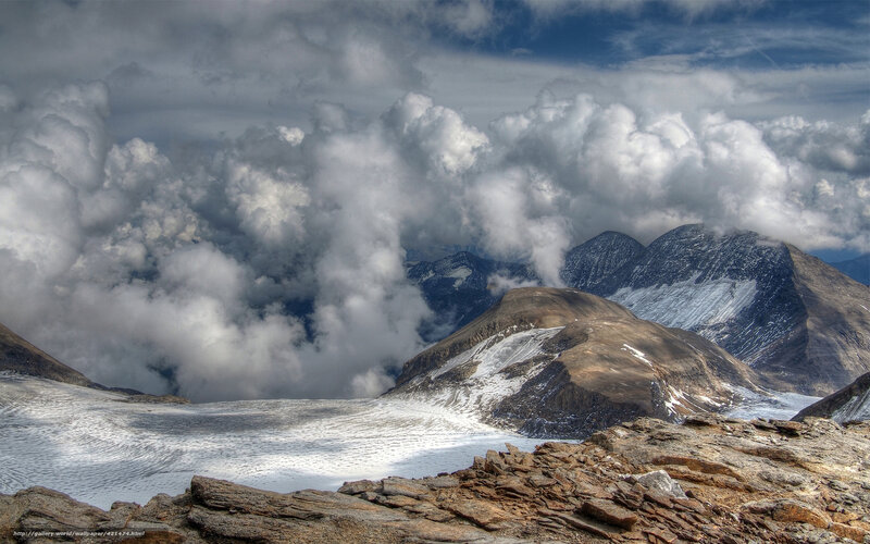 Snow-covered Mountain Peaks — White, Dramatic, Photograph, Clouds, Glacier, Rocky Foreground