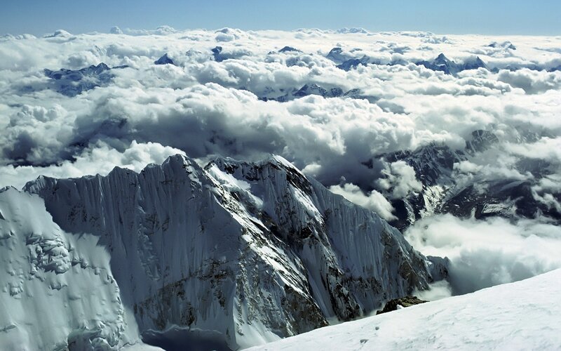 Snow-covered Mountain Peaks — White, Dramatic, Photograph, Clouds, Mountains, Sky