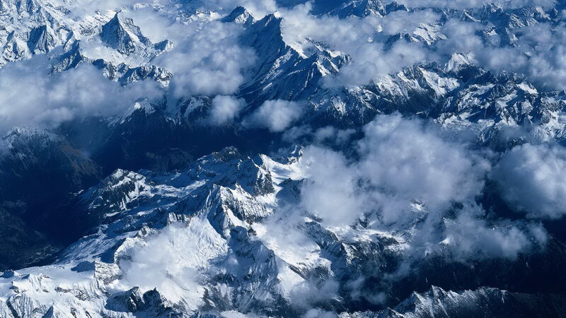 Snow-covered Mountain Peaks — White, Dramatic, Photograph, Clouds, Mountains, Snow