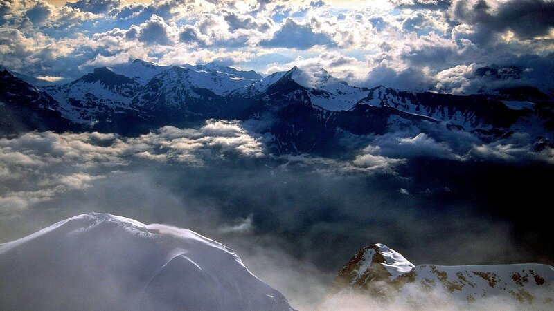 Snow-covered Mountain Peaks — White, Dramatic, Photograph, Clouds, Mountains