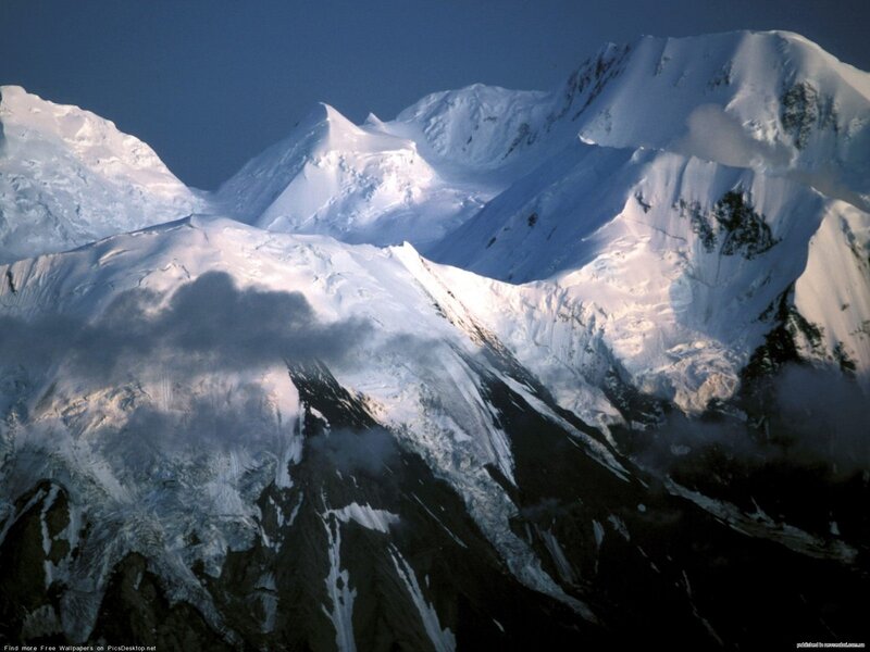 Snow-covered Mountain Peaks — White, Dramatic, Photograph, Mountains, Snow, Clouds, Blue, Black