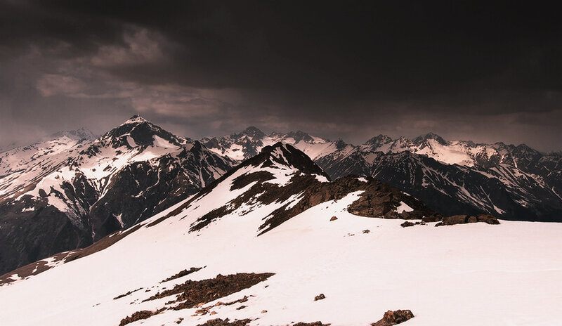 Snow-covered Mountain Peaks — White, Dramatic, Photograph, Mountains, Snow, Clouds