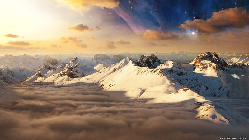 Snow-covered Mountain Peaks — White, Dramatic, Sunset, Digital Art, Clouds