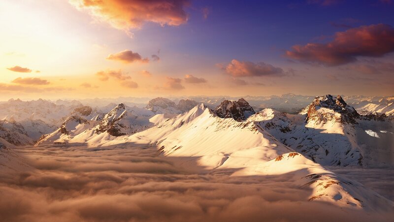 Snow-covered Mountain Peaks — White, Dramatic, Sunset, Photograph, Clouds, Sky