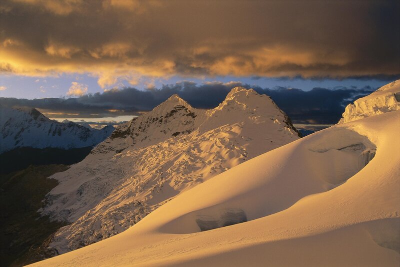 Snow-covered Mountain Peaks — White, Dramatic, Sunset, Photograph, Mountains, Clouds