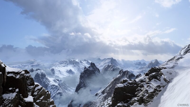 Snow-covered Mountain Peaks — White, Dramatic, Winter, Digital Art, Mountains, Clouds