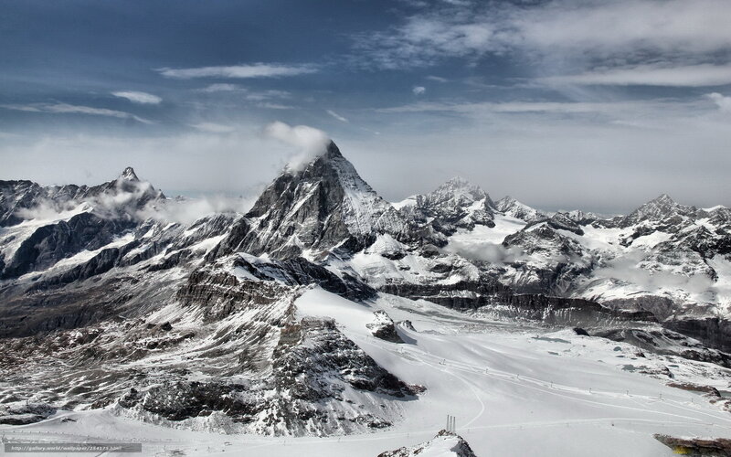 Snow-covered Mountain Peaks — White, Dramatic, Winter, Photograph, Clouds, Glaciers, Rocky Slopes