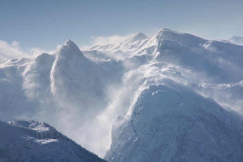 Snow-covered Mountain Peaks — White, Dramatic, Winter, Photograph, Clouds, Trees, Sky