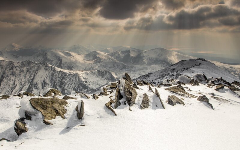 Snow-covered Mountain Peaks — White, Dramatic, Winter, Photograph, Mountains, Snow, Rocks, Clouds