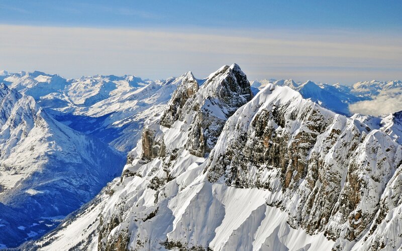 Snow-covered Mountain Peaks — White, Dramatic, Winter, Photograph, Mountains, Snow, Sky, Clouds