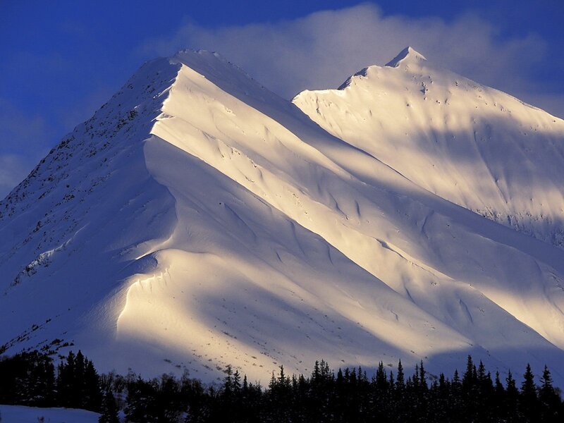 Snow-covered Mountain Peaks — White, Dramatic, Winter, Photograph, Mountains, Trees, Sky