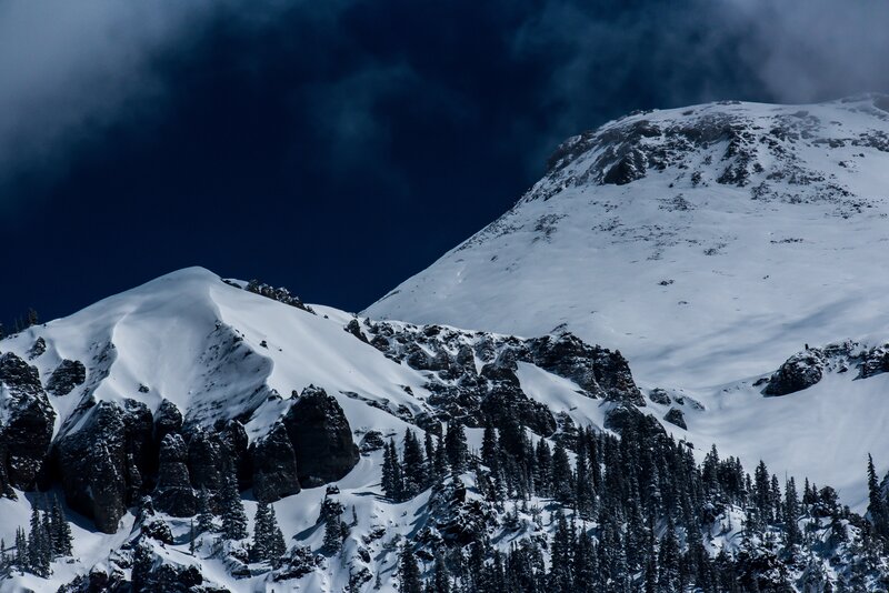 Snow-covered Mountain Peaks — White, Dramatic, Winter, Photograph, Snow, Trees