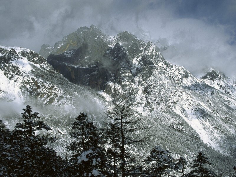 Snow-covered Mountain Peaks — White, Dramatic, Winter, Photograph, Trees, Clouds