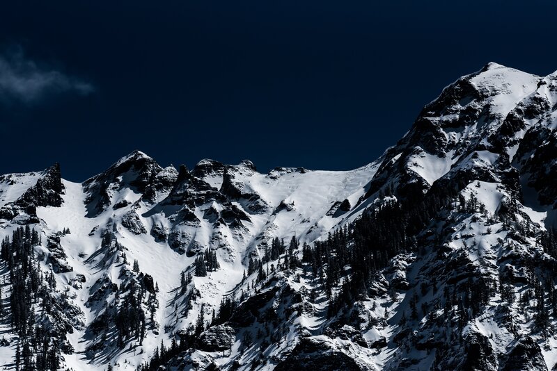 Snow-covered Mountain Peaks — White, Dramatic, Winter, Photograph, Trees