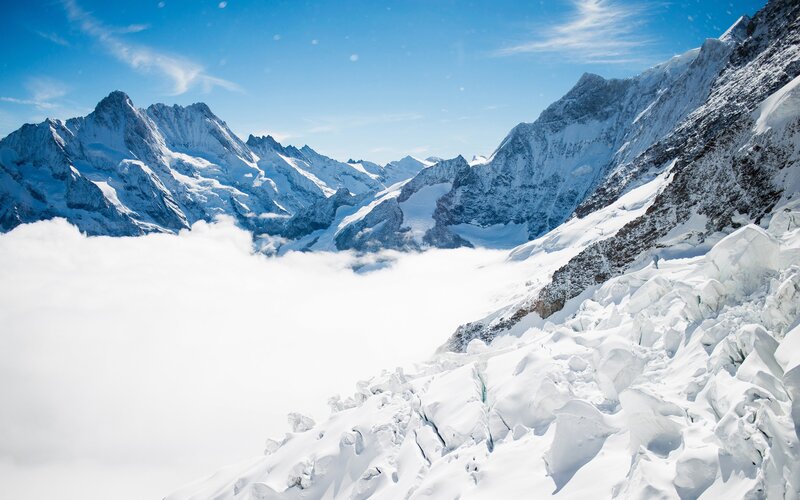 Snow-covered Mountain Peaks — White, Serene, Afternoon, Photograph, Clouds, Glacier, Sky