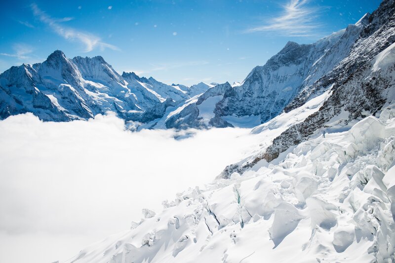 Snow-covered Mountain Peaks — White, Serene, Afternoon, Photograph, Clouds, Glacier