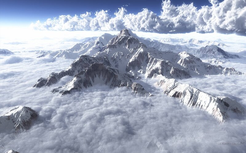 Snow-covered Mountain Peaks — White, Serene, Digital Art