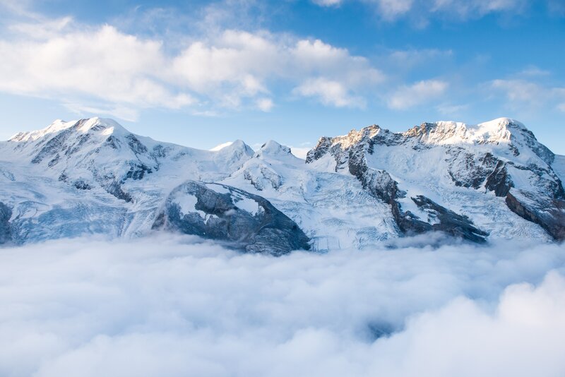 Snow-covered Mountain Peaks — White, Serene, Morning, Photograph, Clouds, Glaciers