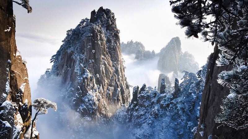 Snow-covered Mountain Peaks — White, Serene, Winter, Photograph, Clouds