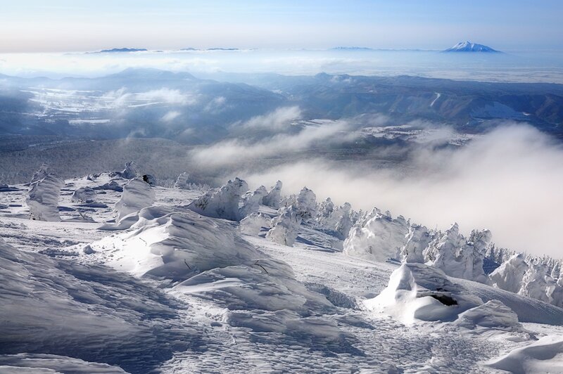 Snow-covered Mountain Peaks — White, Serene, Winter, Photograph, Mountains, Clouds, Snow