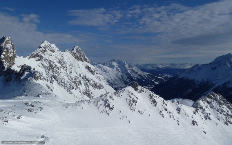 Snow-covered Mountain Peaks — White, Serene, Winter, Photograph, Mountains, Sky, Clouds, Snow