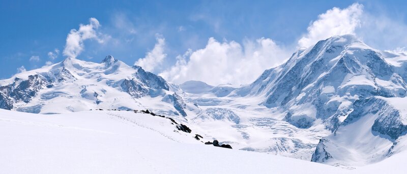 Snow-covered Mountain Peaks — White, Serene, Winter, Photograph, Mountains, Snow, Clouds
