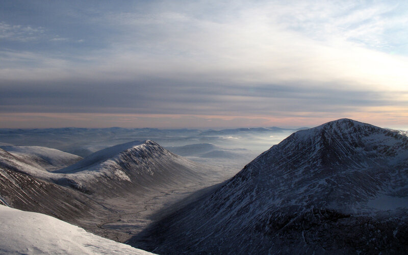 Snow-covered Mountain Peaks — White, Serene, Winter, Photograph, Mountains, Snow, Clouds, Valley