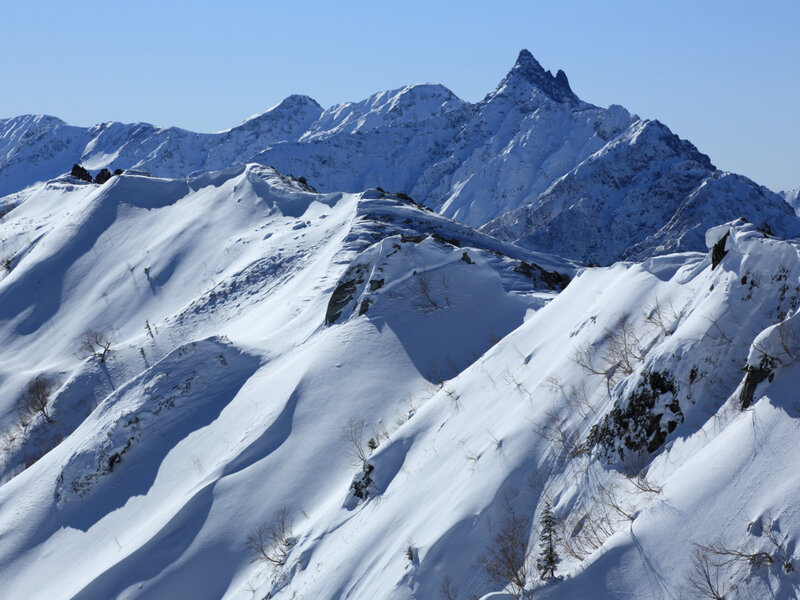Snow-covered Mountain Peaks — White, Serene, Winter, Photograph, Mountains, Snow, Sky