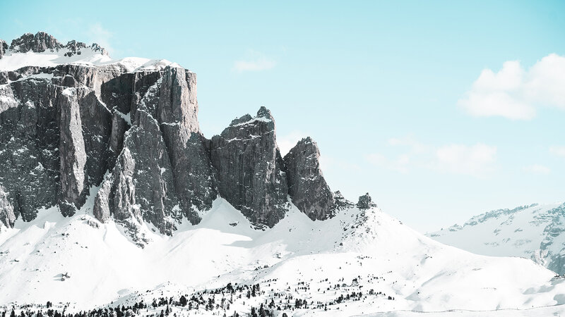 Snow-covered Mountain Peaks — White, Serene, Winter, Photograph, Mountains, Snow, Sky, Trees