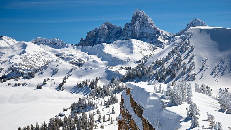 Snow-covered Mountain Peaks — White, Serene, Winter, Photograph, Trees, Cliffs
