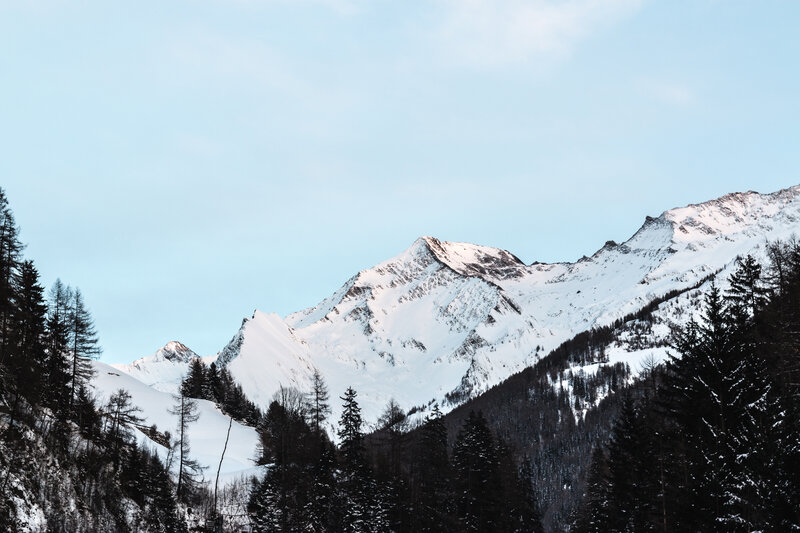 Snow-covered Mountain Peaks — White, Serene, Winter, Photograph, Trees, Mountains