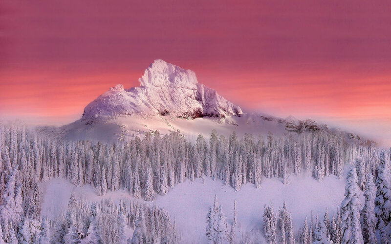 Snow-covered Mountain — Pink, Serene, Sunset, Photograph