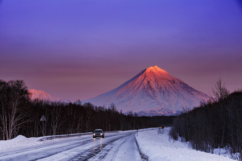 Snow-covered Mountain — Purple, Dramatic, Sunset, Photograph, Car