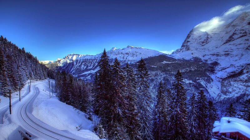 Snow-covered Mountain Railway — Blue, Serene