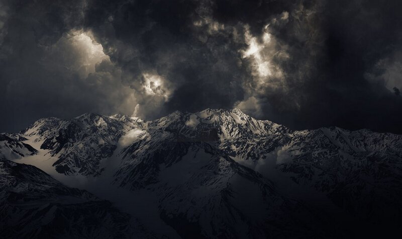 Snow-covered Mountain Range — Black, Dramatic