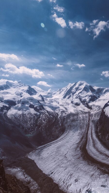 Snow-covered Mountain Range — Blue, Dramatic, Afternoon, Photograph, Glacier, Clouds, Mountain Peaks