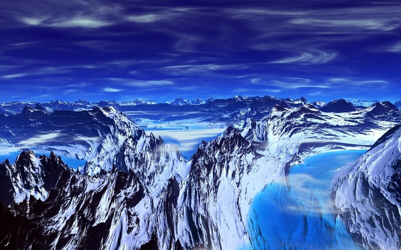 Snow-covered Mountain Range — Blue, Dramatic, Digital Art, Mountains
