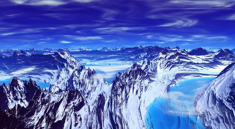 Snow-covered Mountain Range — Blue, Dramatic, Digital Art