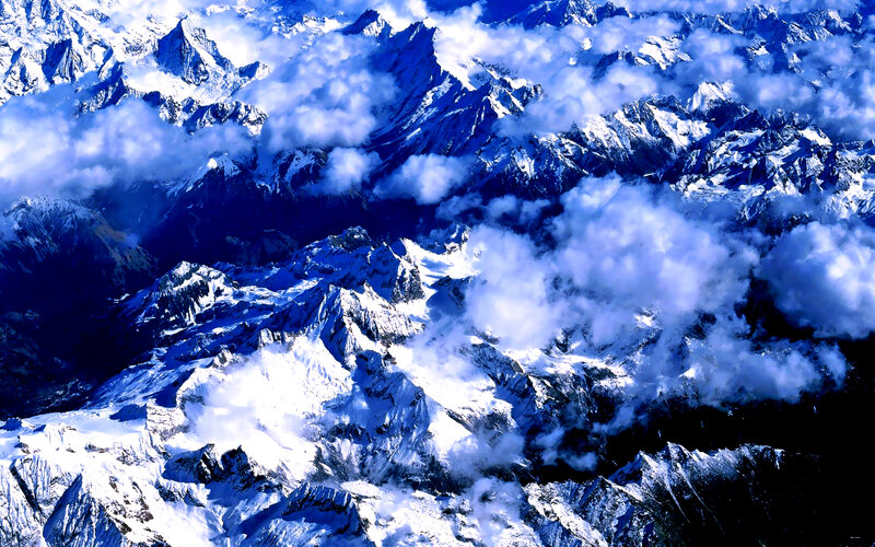 Snow-covered Mountain Range — Blue, Dramatic, Photograph, Clouds