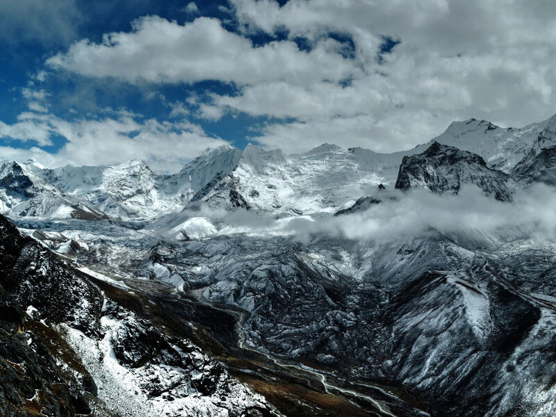 Snow-covered Mountain Range — Blue, Dramatic, Photograph, Clouds, Valley, Glacier